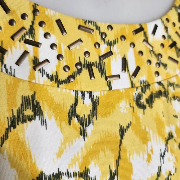 Breckenridge Petite Womens Top Size PM Yellow Black Embellished Neck 3/4 Sleeve - Picture 4 of 10